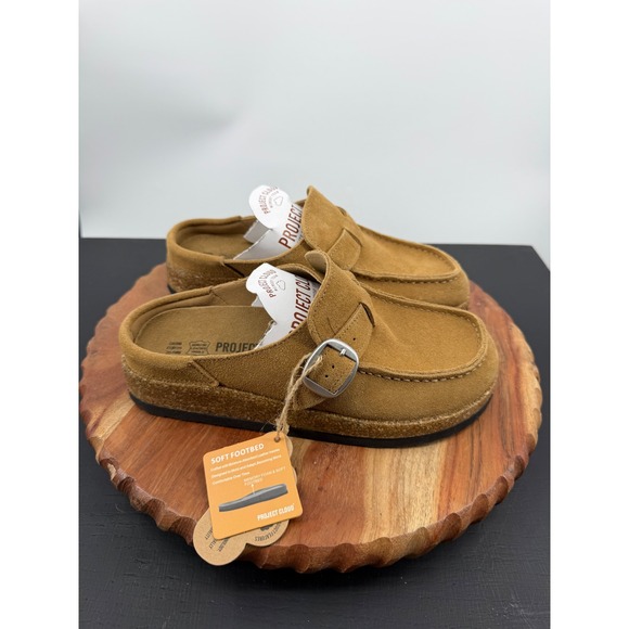 Project Cloud Shoes - Project Cloud Suede Buckle Clog Mules Women 8 Tan Soft Footbed Moc Toe Slip On